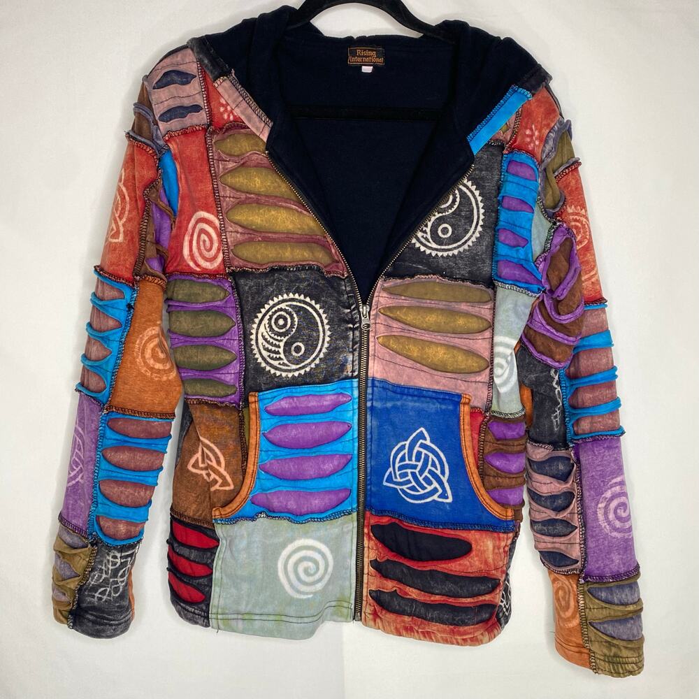 Rising International Patchwork Fleece Grunge Indie Granola Hoodie Size Large - Picture 10 of 10